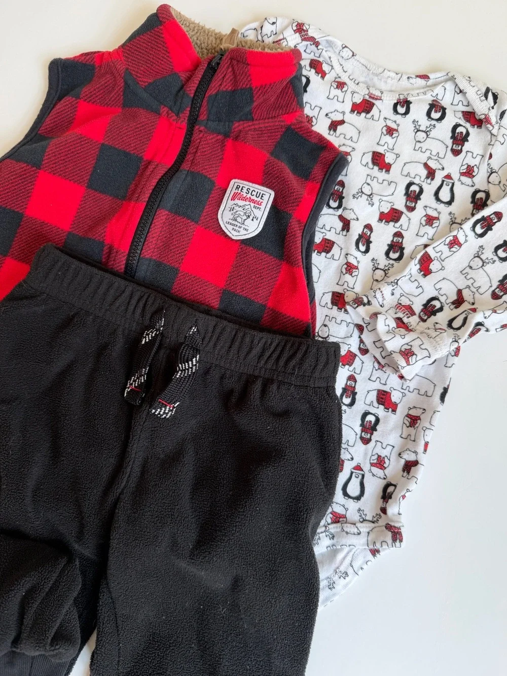 3/$21 | Carter's Black Fleece Joggers with Red & Black Plaid Vest Set